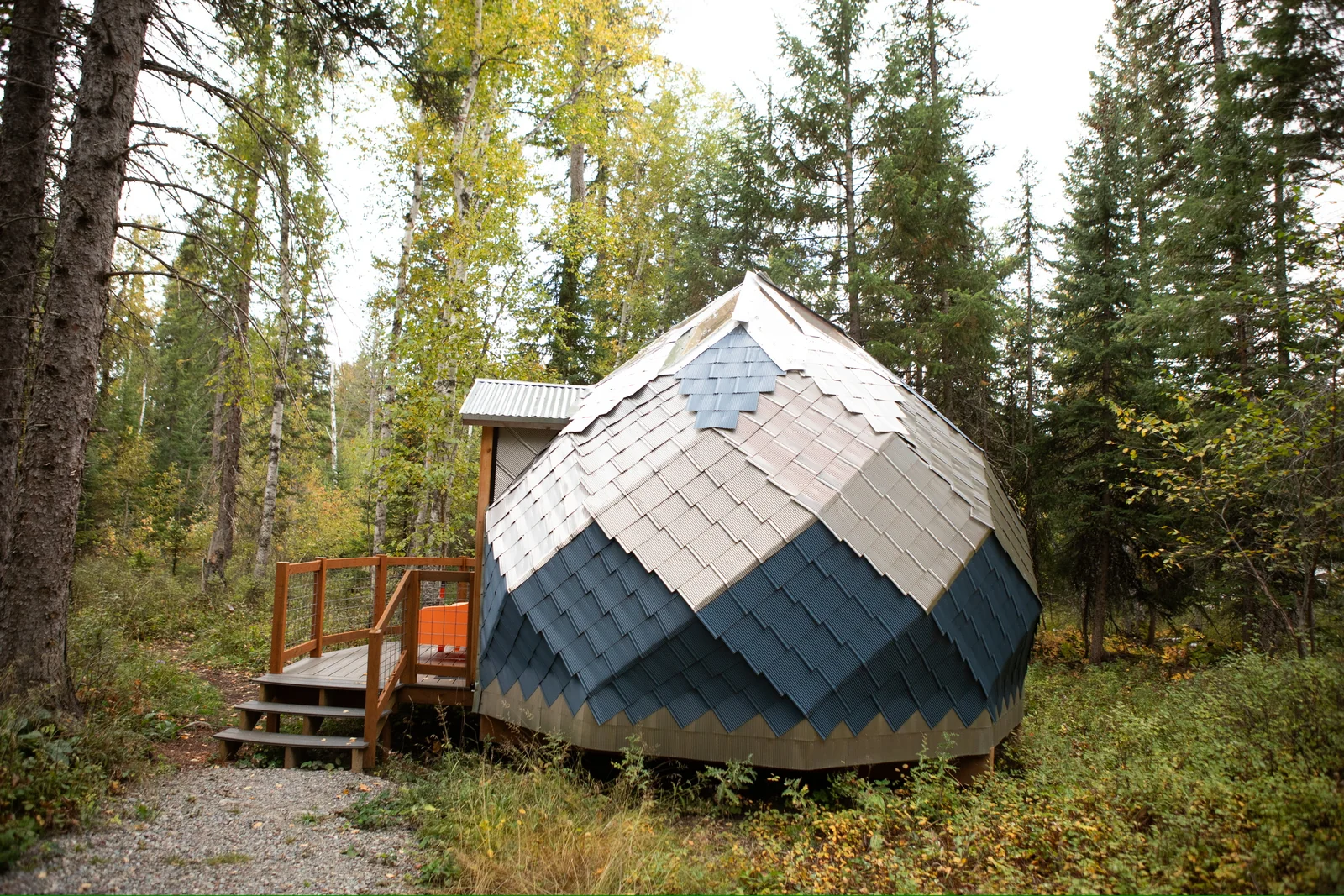 A silver and blue zome tucked into Blue Star's Montana forest